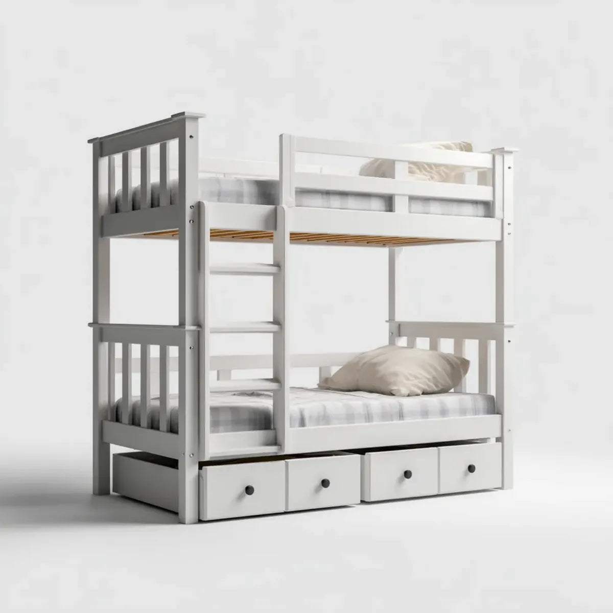 Kinder-Etagenbett aus massivem Kiefernholz Weiß Grau 90 x 200 cm mit Leiter und 4 Schubladen Rechteckig