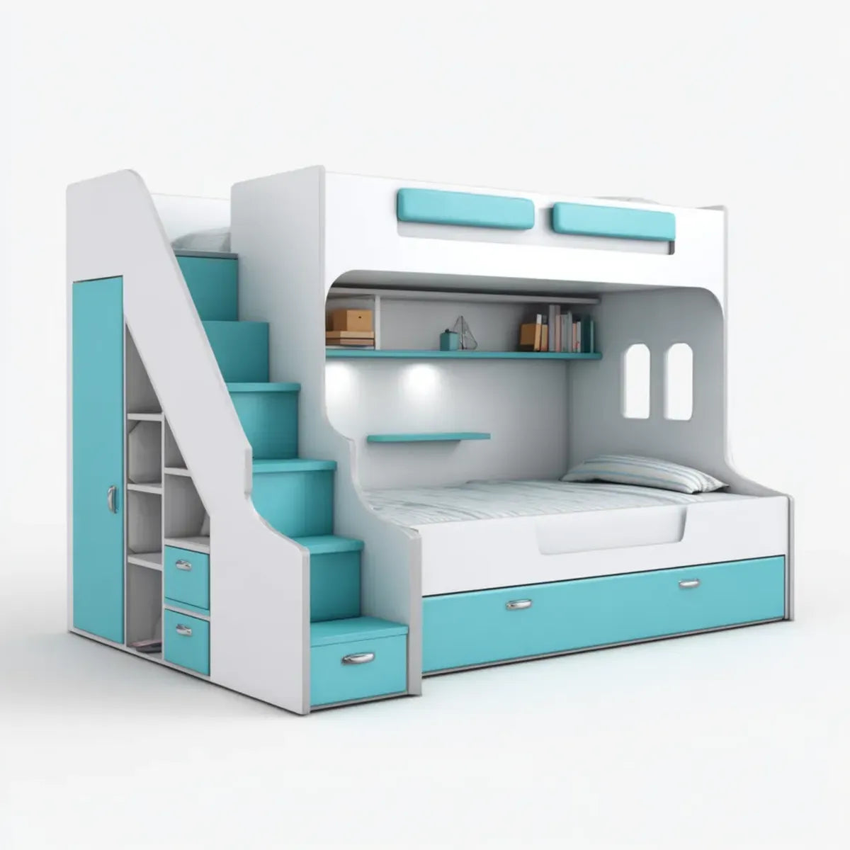 Kinder Etagenbett Weiß Türkis mit 2 Liegeflächen 90 x 200 cm MDF Spanplatte Treppe Schrank Schubladen und Schreibtisch 250 x 125 x 180 cm