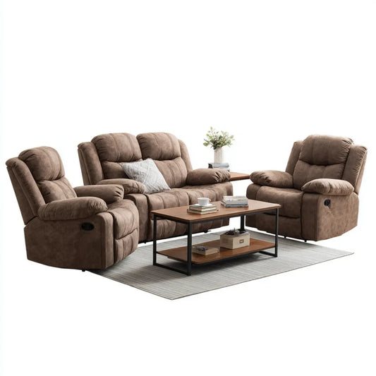 3-teiliges Relaxsofa Set Braun mit manueller Liegefunktion aus Polyester 3-Sitzer und 2 Sessel 198 x 94 x 102 cm