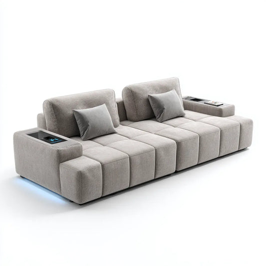 3-Sitzer Sofa Hellgrau 320 x 105 x 85 cm mit Polyester-Cordbezug und integrierten Bedienfeldern