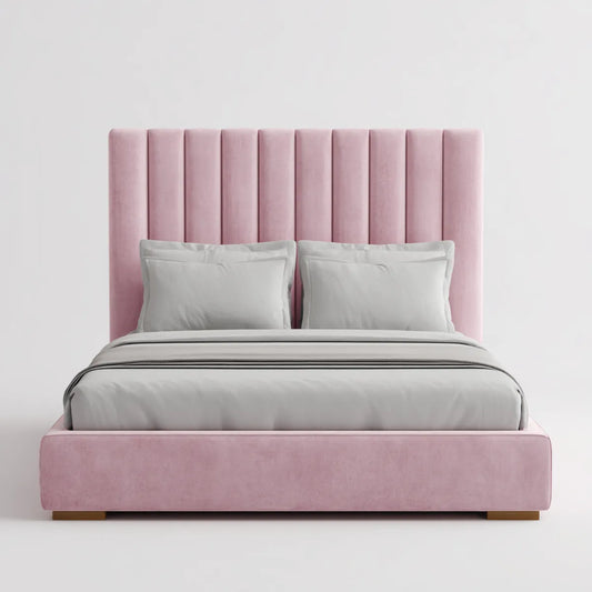 Polster-Doppelbett Rosa 180 x 200 cm mit Polyester-Samtbezug und rechteckigem Kopfteil