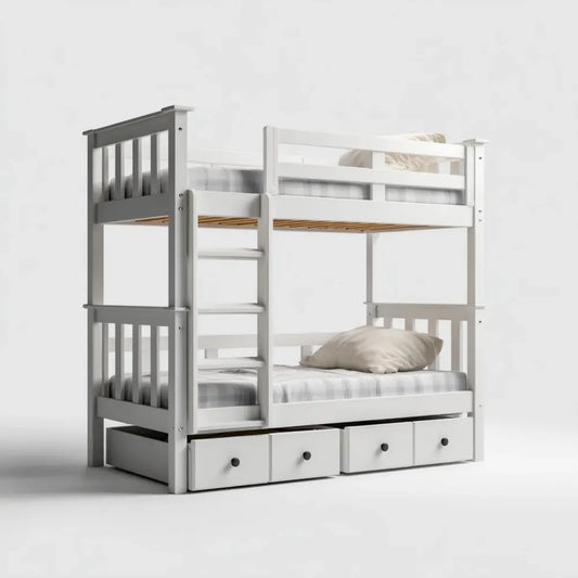 Kinder-Etagenbett aus massivem Kiefernholz Weiß Grau 90 x 200 cm mit Leiter und 4 Schubladen Rechteckig