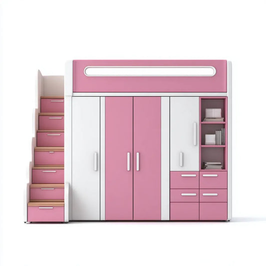 Kinderetagenbett mit Kleiderschrank und Treppe Rosa Weiß 90 x 200 cm MDF Spanplatte rechteckig