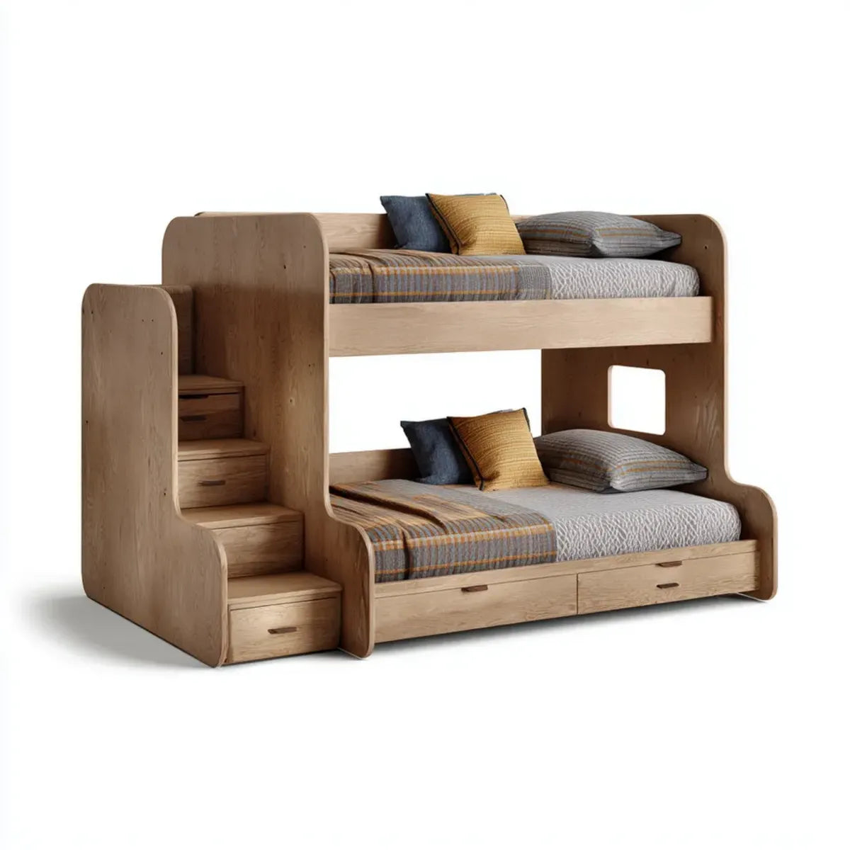 Kinder-Etagenbett Natur 90 x 200 cm aus Kiefernholz mit Treppe und Schubladen