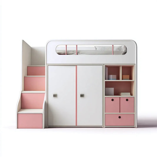 Kinder-Hochbett Weiß Rosa 90 x 200 cm aus MDF mit Kleiderschrank Regal Treppe und Schubladen rechteckig