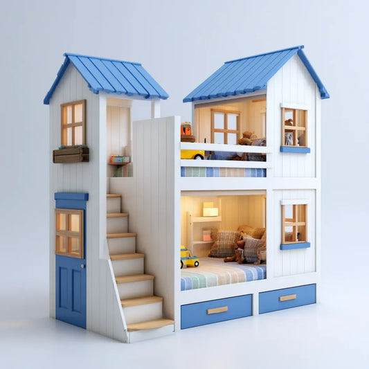 Kinder-Etagenbett Hausbett Weiß Blau 90 x 200 cm aus MDF und Kiefernholz mit Treppe und Schubladen