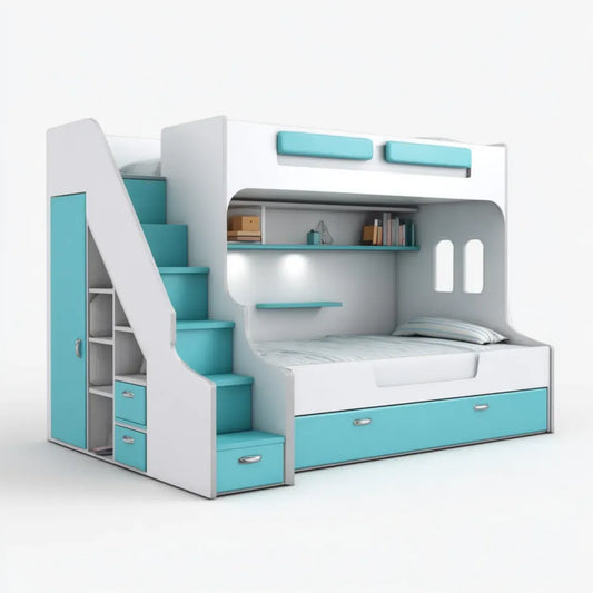 Kinder Etagenbett Weiß Türkis mit 2 Liegeflächen 90 x 200 cm MDF Spanplatte Treppe Schrank Schubladen und Schreibtisch 250 x 125 x 180 cm