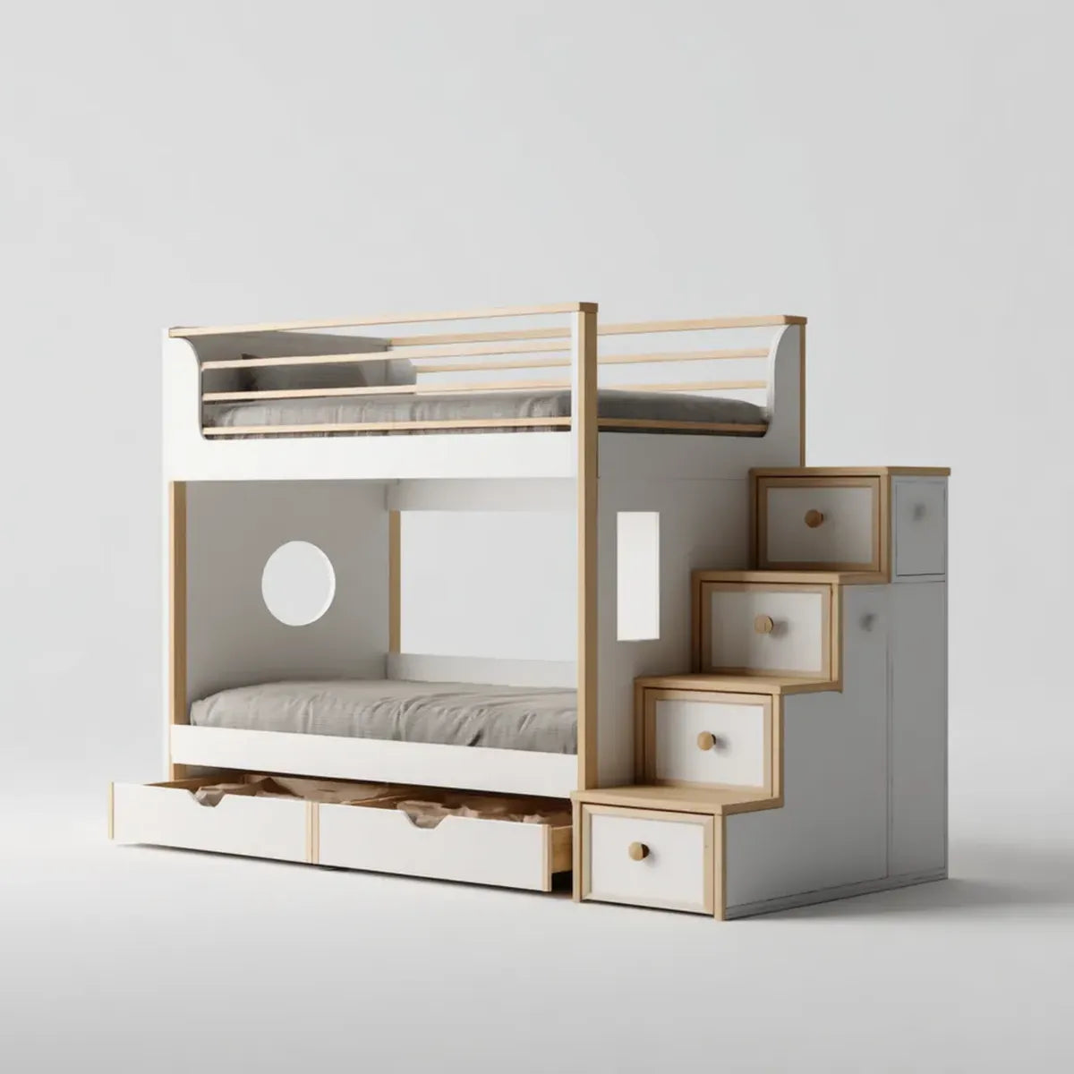 Kinder-Etagenbett mit Treppenschrank und Schubladen Weiß Natur 90 x 200 cm aus massivem Kiefernholz und MDF rechteckig